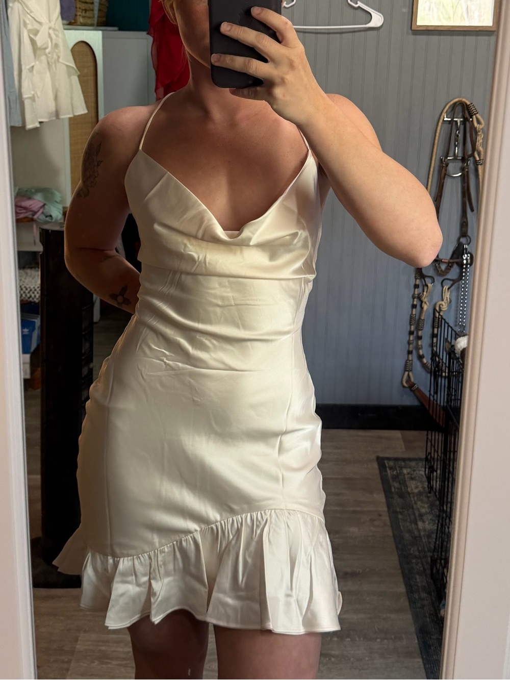 Ivory Satin Cowl Neck Mini Dress with Ruffle Hem